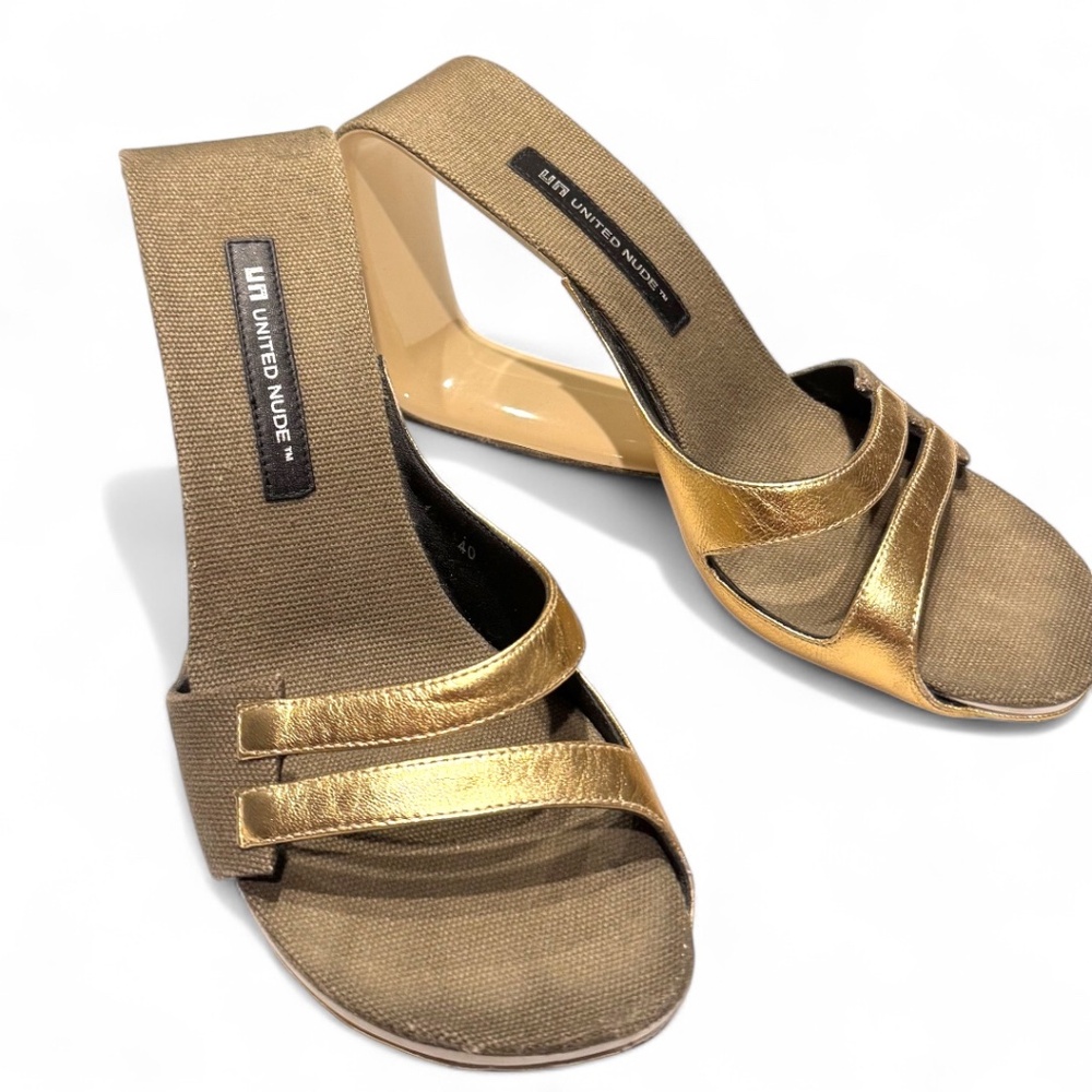 United Nude Gold & Olive-Khaki Loop Sandals – Size 40, 3.5” Heel